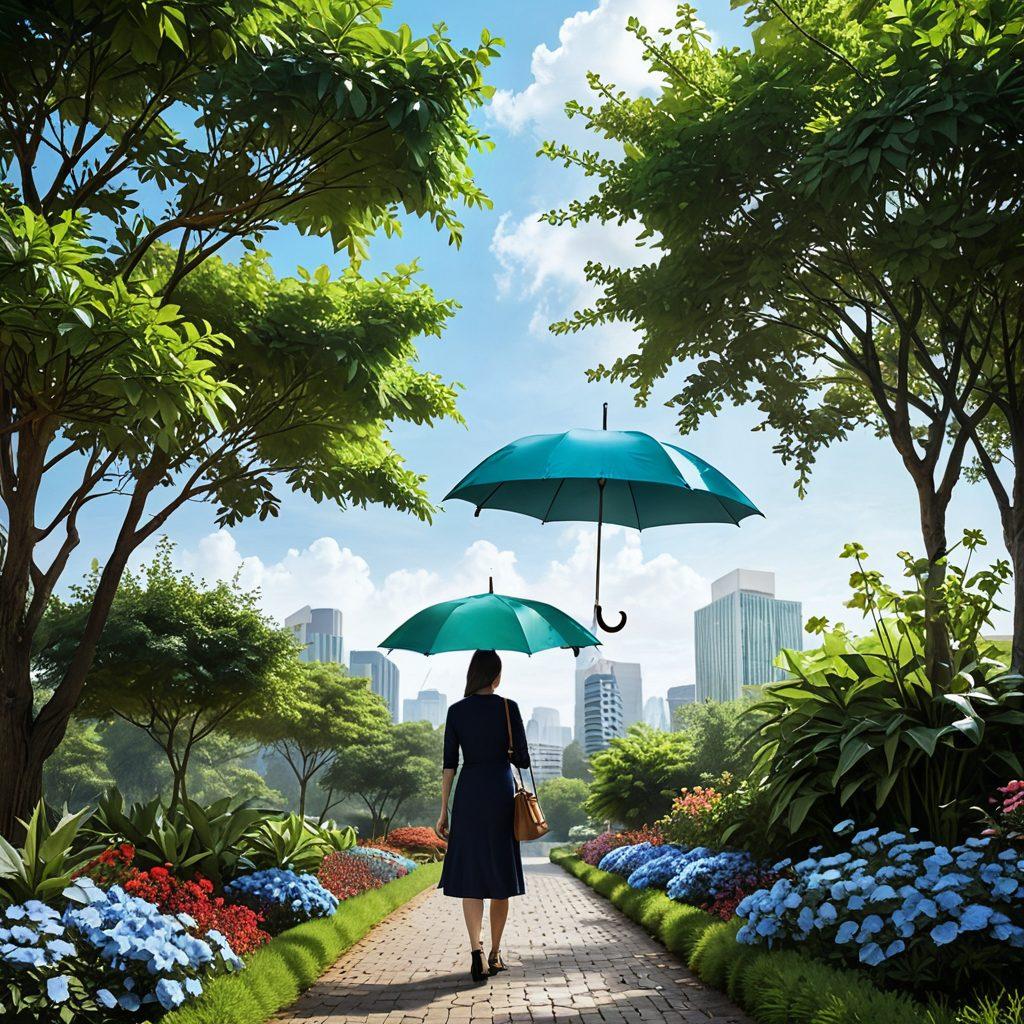 A serene landscape with a person standing at a crossroads, holding an umbrella symbolizing protection. In one direction, there are large buildings and documents representing policies; in the other, a peaceful garden symbolizing financial security. The sky is a gradient of calming blues and greens, evoking a sense of confidence. Include visual metaphors like a shield and a secure lock. super-realistic. vibrant colors. 3D.