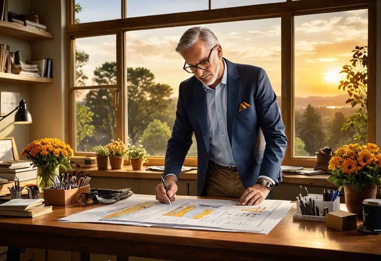A visually striking scene featuring a confident individual crafting a blueprint that merges elements of a house, car, and retirement funds, symbolizing wealth and asset protection. The background showcases a bright sunrise, representing a promising future, while an open toolbox filled with insurance policy documents and tools emphasize essential insights. Add a flourishing garden symbolizing growth and security around the individual. super-realistic. vibrant colors. 3D.