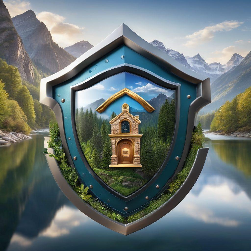 A serene shield symbolizing financial security, adorned with various insurance icons like house, car, and health symbols, surrounded by a glowing lock. In the background, depict a safe haven landscape with mountains and a calm river, symbolizing protection. The overall color palette should evoke trust and stability, using deep blues and greens. super-realistic. vibrant colors. white background.
